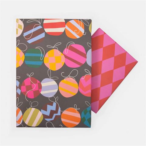 Christmas Wrap -  Patterned Baubles and Pink Red Harlequin (double sided)