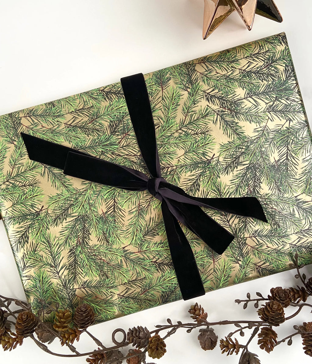 Christmas Wrap - Pine Needles with Gold - 50 cm wide x 3 m length